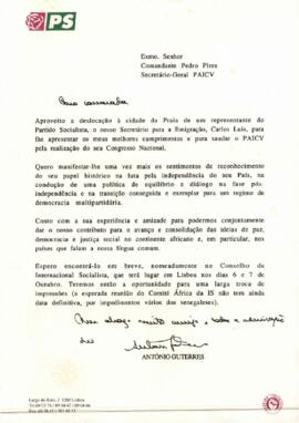 Carta do Secretário Geral do Partido Socialista, António Guterres ao Comandante Pedro Pires, Secretário Geral do PAICV
