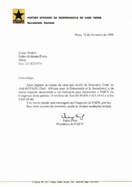 Carta do Presidente do PAICV, Comandante Pedro Pires ao Senhor Pedro Alcântara Évora