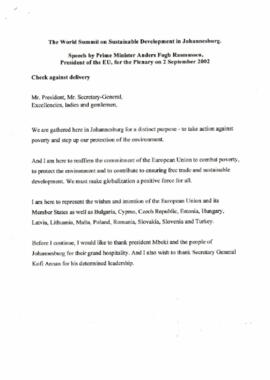 The World Summit on Sustainable Development in Johannesburg, Speech by Prime Minister Anders Fogh Rasmussen, President of the EU, for the plenary