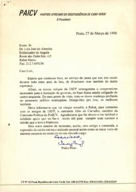 Carta do Presidente do PAICV, Comandante Pedro Pires ao Embaixador de Angola em Rabat, Luís José de Almeida