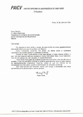 Carta do Presidente do PAICV, Comandante Pedro Pires, ao Presidente do Conselho de Administração do Banco Internacional de Moçambique, Mário Machungo