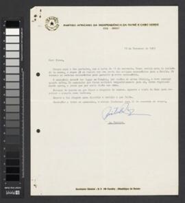 Carta datada de 15 de novembro de 1969, assinada por Aristides Pereira e dirigida a Pedro Pires