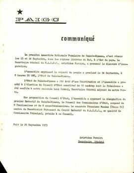 Communiqué du Secrétaire Général du PAIGC, Aristides Pereira, 25 septembre 1973