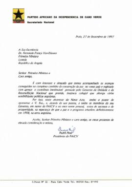 Carta do Presidente do PAICV ao Primeiro Ministro de Angola, Fernando França Van-Dúnen