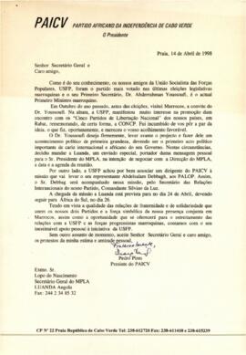 Carta do Presidente do PAICV, Comandante Pedro Pires, ao Secretário-Geral do MPLA, Lopo Nascimento