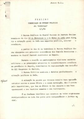 Frelimo: Comunicado do Bureau Político. JN. "Noticias"