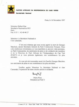 Carta do Presidente do PAICV,  Comandante Pedro Pires ao Secretário Nacional do Partido Comunista Francês, Senhor Robert Hue