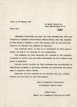 Lettre envoyée au Comité Central du Parti Democratique de la Guinée , par Olivio Pires, membre de la Commission Politique du PAICV