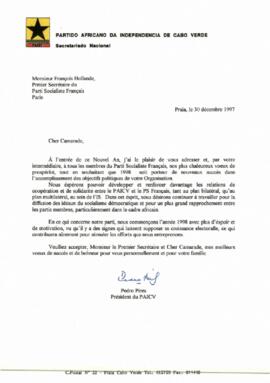 Carta do Presidente do PAICV, Comandante Pedro Pires ao Primeiro Secretário  do Partido Socialista Francês, François Hollande