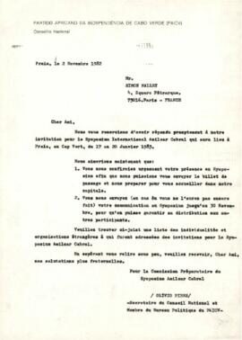 Lettre envoyée à Simon Malley, par Olívio Pires, Secrétaire du Conseil National  et membre du Bureau Politique du PAICV