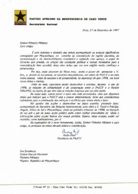 Carta do Presidente do PAICV, Comandante Pedro Pires, ao  Primeiro Ministro da República de Moçambique, Pascoal Mocumbi