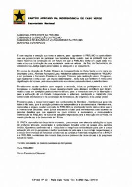 Mensagem da delegação do PAICV no VII Congresso da FRELIME