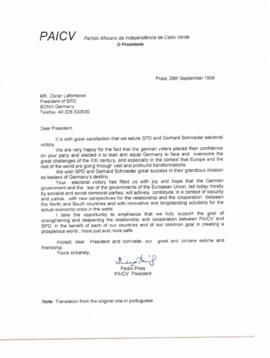 Carta do Presidente do PAICV, Comandante Pedro Pires ao Presidente do SPD - Partido Social Democrata da Alemanha, Sr. Oscar Lafontaine