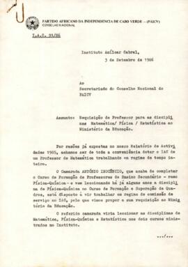 Oficio  IAC/91/86, do Instituto Amílcar Cabral ao Secretariado do Conselho Nacional do PAICV