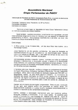 Intervenção do Presidente do PAICV, Comandante Pedro Pires, na sessão de abertura da Jornada Parlamentar, de 19 a 23 de outubro de 1999