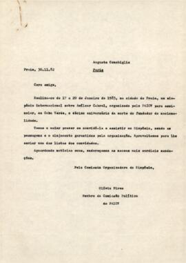 Carta-convite enviada à camarada Augusta Conchiglia, por Olívio Pires, membro da Comissão Política do PAICV