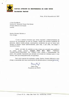 Carta do Presidente do PAICV, Comandante Pedro Pires ao Primeiro Ministro de Angola,  Fernando França Van-Dúnem