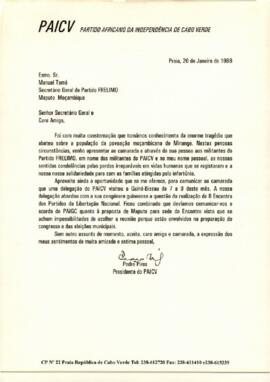 Carta do Presidente do PAICV, Comandante Pedro Pires ao Secretário-Geral da FRELIMO, Manuel Tomé