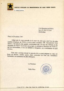 Carta do Presidente do PAICV, Comandante Pedro Pires à direção do PVDA - Amsterdam