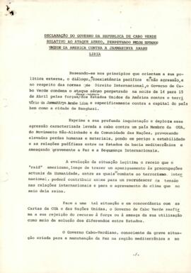 Declaração do Governo da República de Cabo Verde ao ataque aéreo, perpetrado pelos Estados Unidos da América contra Jammahirya  Arabe - Líbia