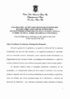 Palabras del Secretario de Estado Interno del Estado Libre Asociado de Puerto Rico, el Señor Miguel Sotto Lacourt, ante la cumbre mundial sobre desarrollo sostenible