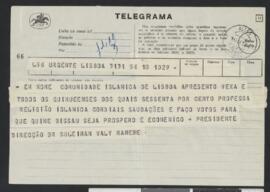 Telegrama do Presidente da Direção da Comunidade Islâmica de Lisboa, Dr. Suleiman Valy Mamede, saudando os guineenses por ocasião do Dia da Independência.