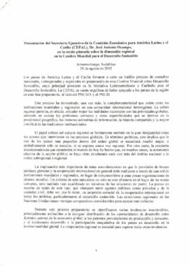 Presentación del Secretario Ejecutivo de la Comisión Económica para América Latina y el Caribe (CEPAL), Dr. José Antônio Ocampo, en la sesión plenaria sobre la dimensión regional en la Cumbre Mundial para el Desarrollo Sostenible