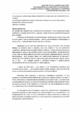 Discurso de S.E. Alberto Diaz Lobo, Vice-presidente de la República de Honduras, Cumbre mundial sobre el Desarrollo Sostenible