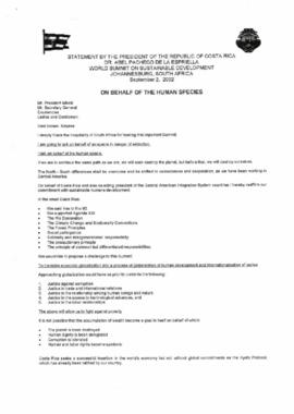 Cimeira Joanesburgo: Statement by the President of the Republic of Costa Rica, Dr. Abel Pacheco de la Espriella