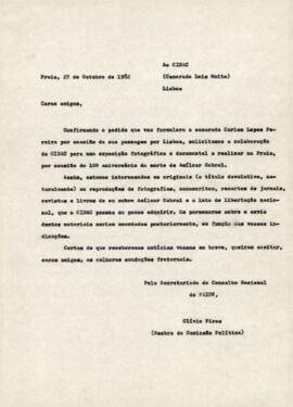 Carta-convite enviada ao camarada Luís Moita (CIDAC), por Olivio Pires, membro da Comissão Política