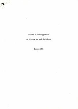 Société et développement en Afrique au Sud du Sahara, par Jacques GIRI