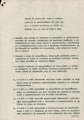 Cópia do acordo de cooperação entre o Partido Africano da Independência de Cabo Verde e o Partido Comunista da  União Soviética para os anos de 1984 e 1985