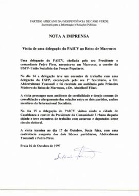 Nota de Imprensa: Visita de uma  delegação do PAICV ao Reino de Marrocos