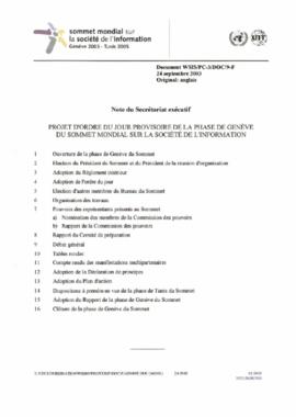 Note du Secrétariat Exécutif : Projet d'ordre du Jour provisoire de la phase de Genéve du Sommet Mondial sur la Société de l'Information