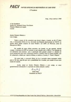 Carta do Presidente do PAICV, Comandante Pedro Pires, ao Primeiro Ministro de Angola, Fernando França Van-Dúnem