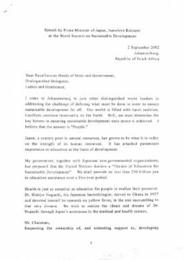 Speech by Prime Minister of Japan, Junichiro Koizumi at the World Summit on Sustainable Development