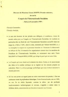 Discours de Monsieur Lionel Jospin, Premier Ministre devant le Congrés de l'Internationale Socialiste