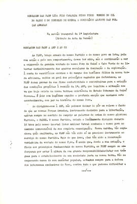 Mensagem das FARP, lida pelo Camarada Pedro Pires, membro CEL do PAIGC e do Conselho de Guerra e Comissário Adjunto das Forças Armadas
