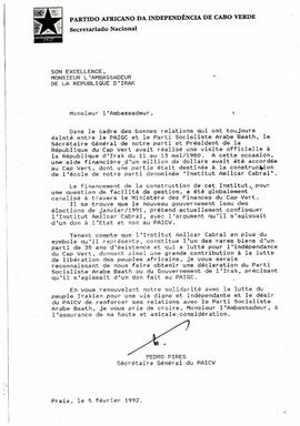 Carta do Secretário Geral do PAICV, Camarada Pedro Pires ao Embaixador da República do Iraque em  Lisboa