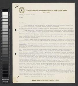Carta nº 380, datada de 9 de abril de 1971, assinada por Aristides Pereira e dirigida a Pedro Pires