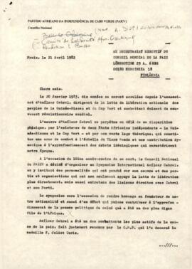 Lettre envoyée au Secrétariat Exécutif du Conseil Mondial de la Paix, par Olivio Pires, membre du Bureau Polítique du PAICV
