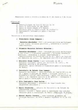 Memorando da visita a Lisboa, 21 junho a 3 de julho