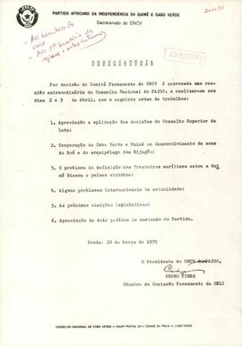 Convocatória para a reunião extraordinária do Conselho Nacional do PAIGC