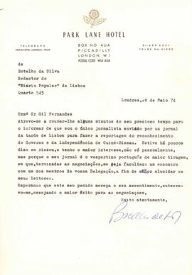 Carta do jornalista do “Diário Popular”, Botelho da Silva, ao Senhor Gil Fernandes, informando que foi enviado para realizar uma reportagem sobre o reconhecimento do Governo e da independência da Guiné-Bissau