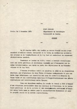Lettre envoyée au camarade Jean Ziegler, par Olívio Pires, Secrétaire du Bureau Politique du PAICV