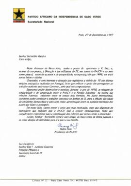 Carta do Presidente do PAICV, Comandante Pedro Pires, ao Primeiro Ministro de Portugal e Secretário-Geral do PS, António Guterres