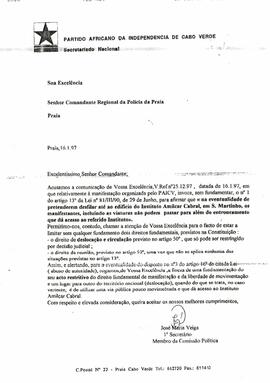 Carta ao  Comandante Regional da Polícia da Praia, do 1º Secretário e membro da Comissão Política do PAICV, José Maria Veiga