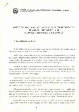 Breve balanço das atividades dos departamentos de Ação Ideológica e de Relações Exteriores e Emigração