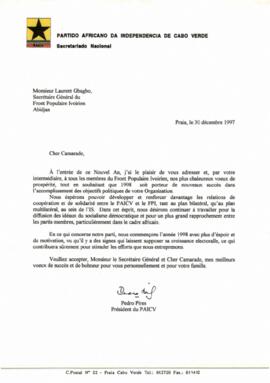 Carta do Presidente do PAICV ao Secretário-Geral do "Front  Populaire Ivoirien", Laurent Gbagbo