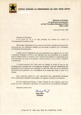 Lettre du Président du PAICV au Sécrétaire des Rélations Internationales du Parti Travailliste Hollandais (PVDA)